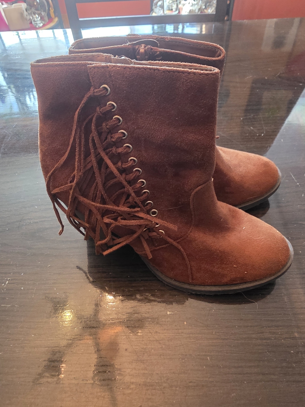 Soda Women's Brown Suede Fringe Lace-Up Heeled Boots
